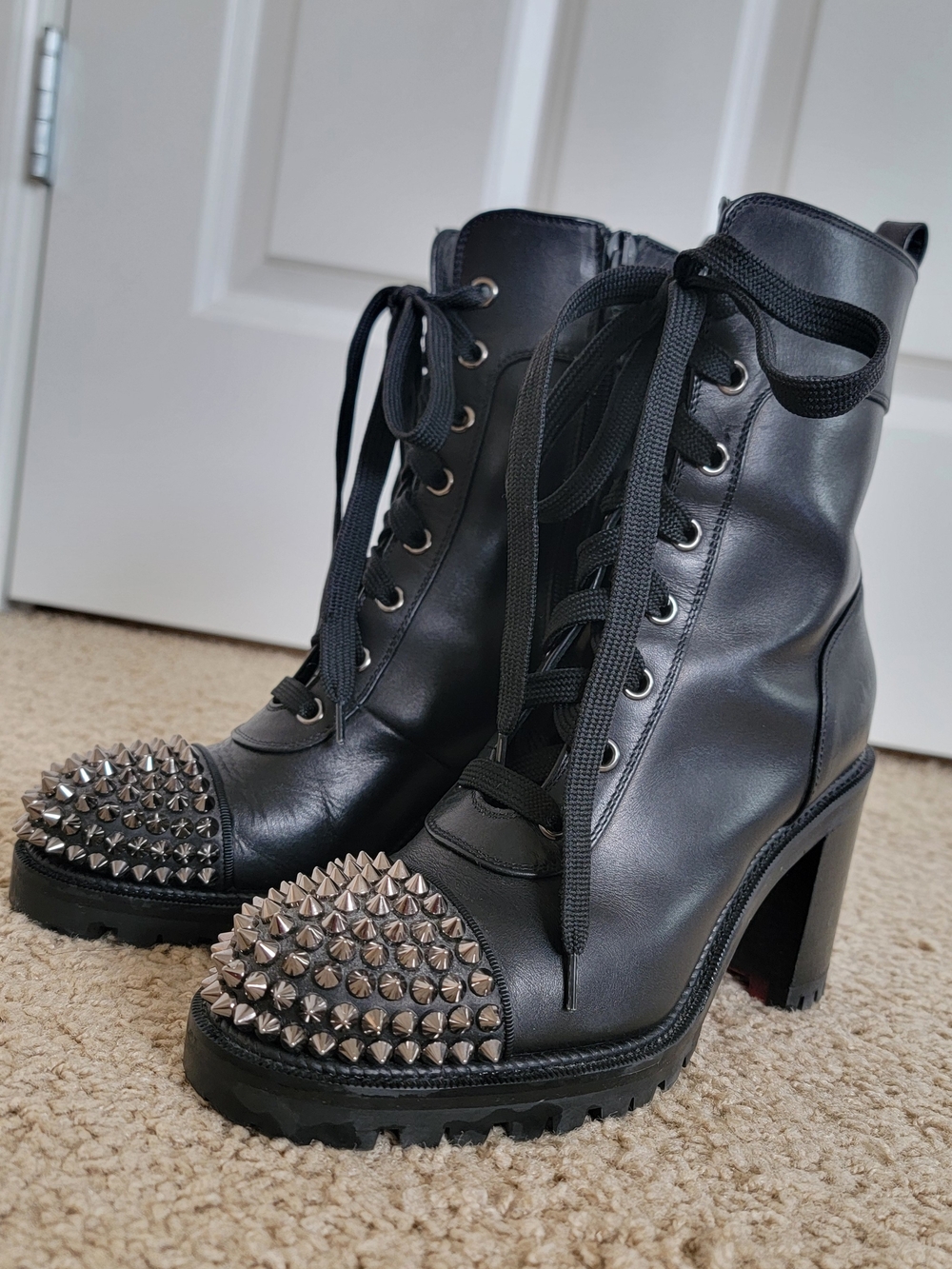 Christian Louboutin Black Leather Lace-Up Studded Ankle Boots Size 36. 5